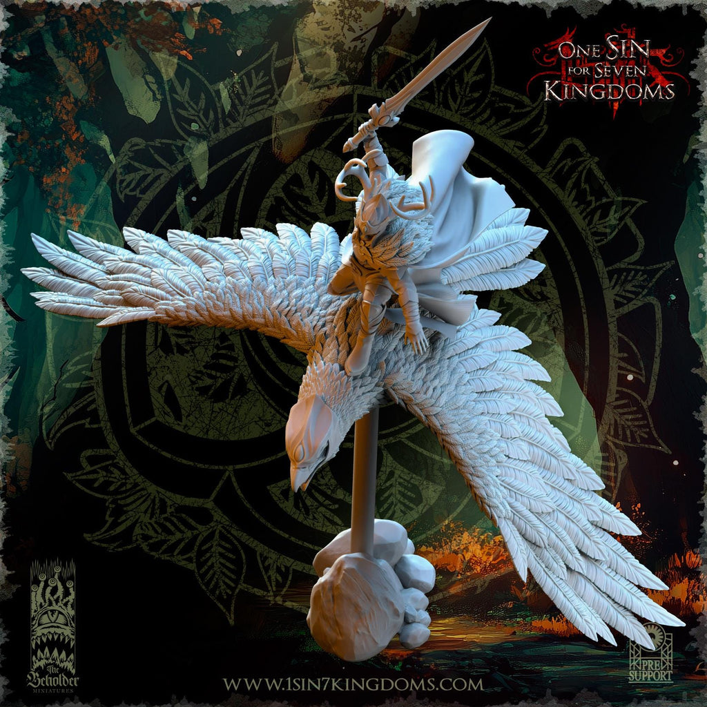 Faelar, Evergreen Elves Commander on Eagle - in 12k- by TheBeholderMiniatures