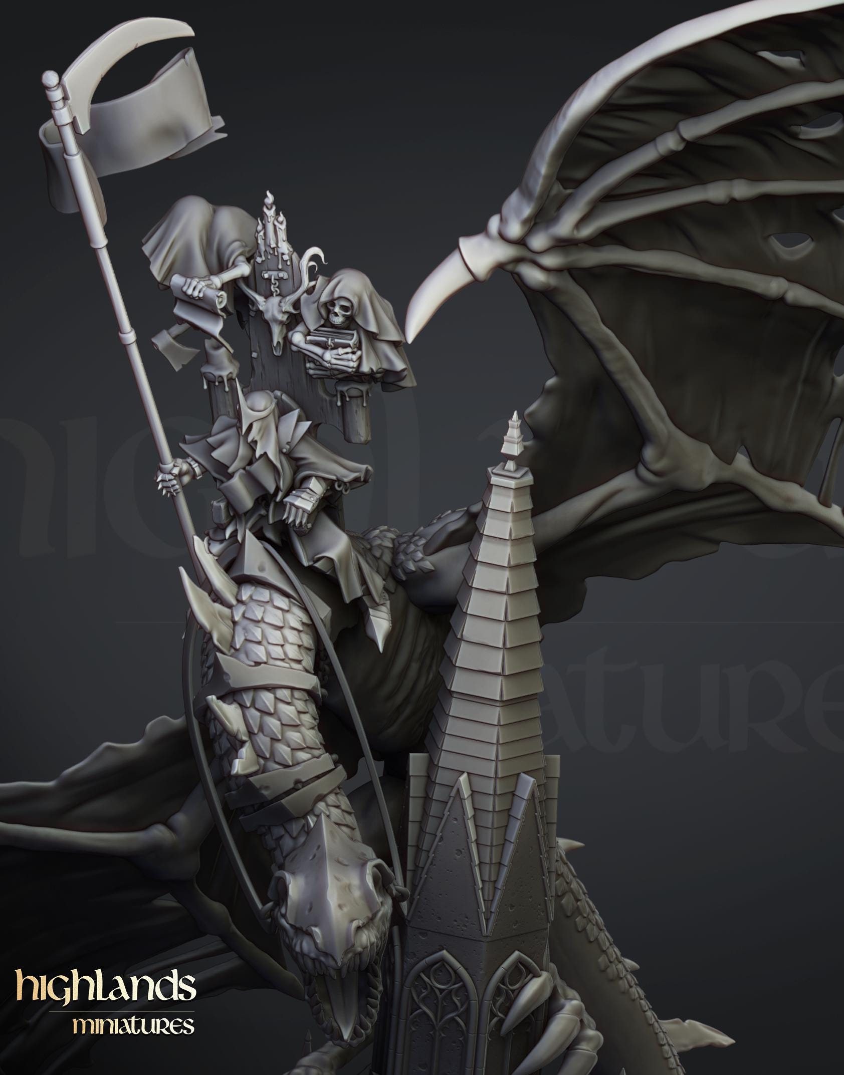 Ezekiel, Lord Necromancer on Flying Monster  - in 12k- by Highlands Miniatures