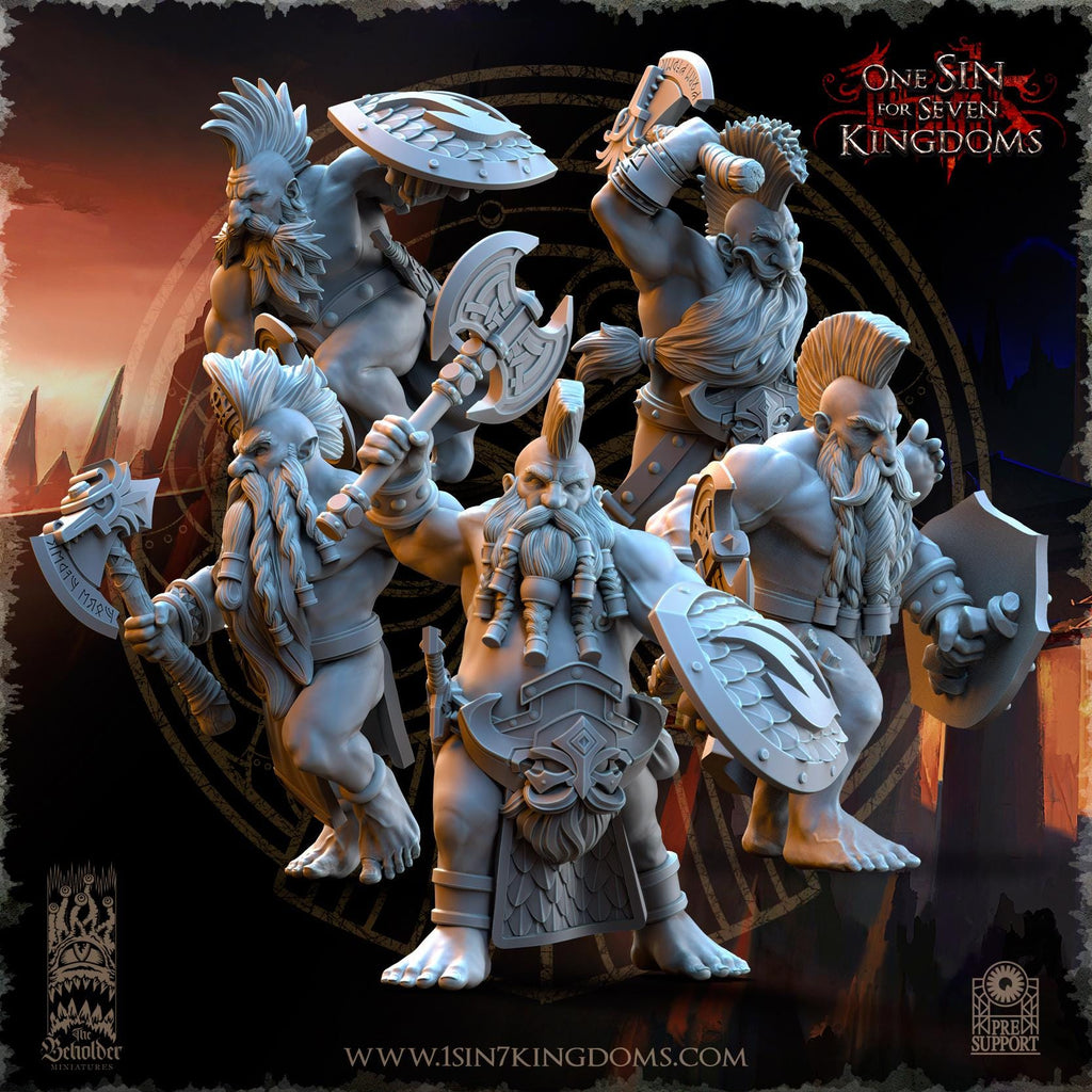 Dwarven Kingdoms Slayers of Molten Core axe and shields - in 12k- by TheBeholderMiniatures