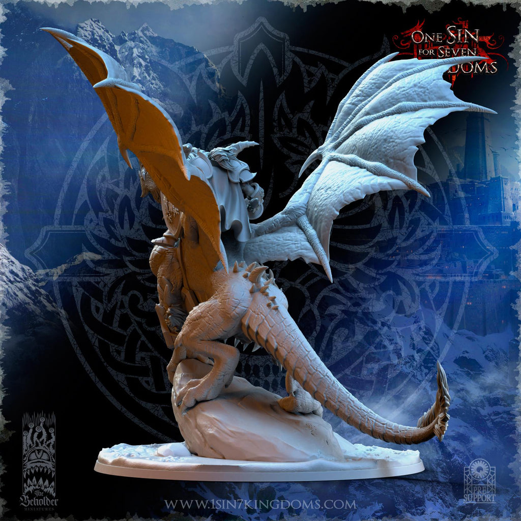 Trym Drakesong, Stormwolf Warlord on Dragon - in 12k- by TheBeholderMiniatures