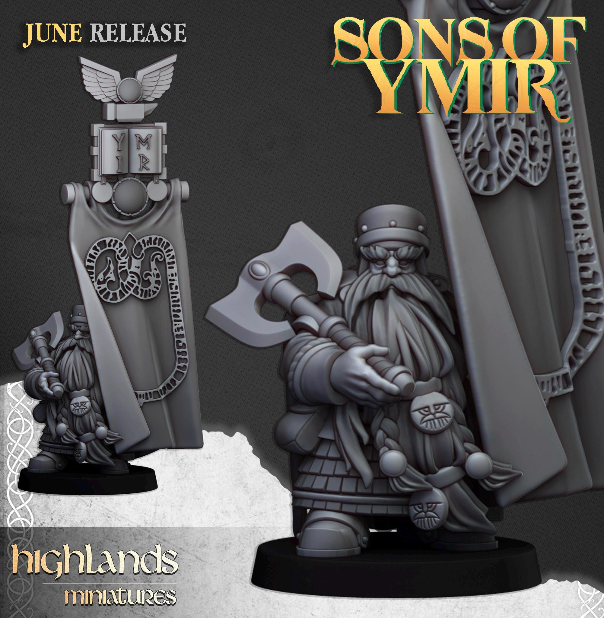 Dwarf Lord with Battle Banner  - in 12k- by Highlands Miniatures
