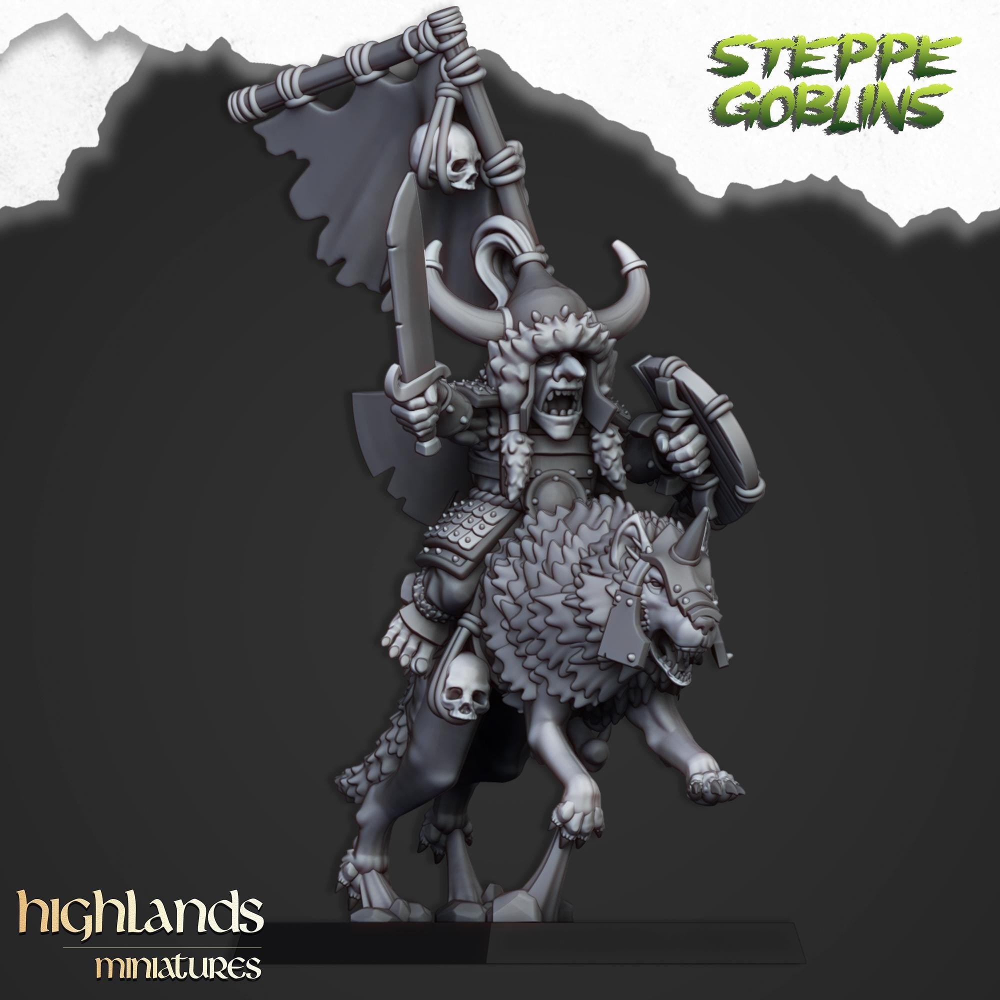 Mounted Steppe Goblin Khan on wolf  - in 12k- by Highlands Miniatures