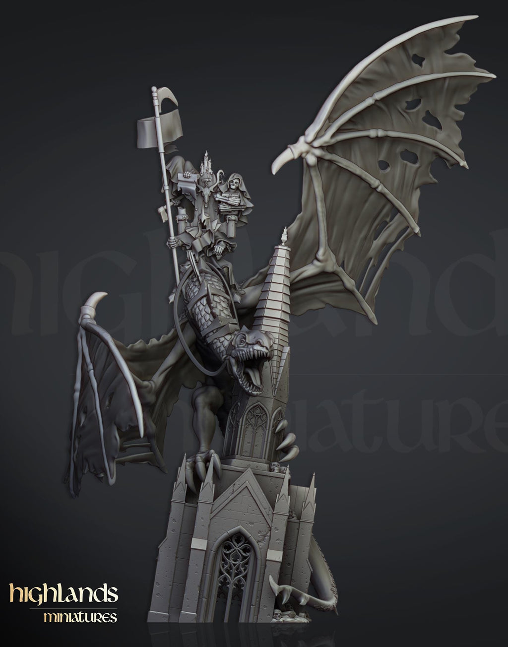 Ezekiel, Lord Necromancer on Flying Monster  - in 12k- by Highlands Miniatures