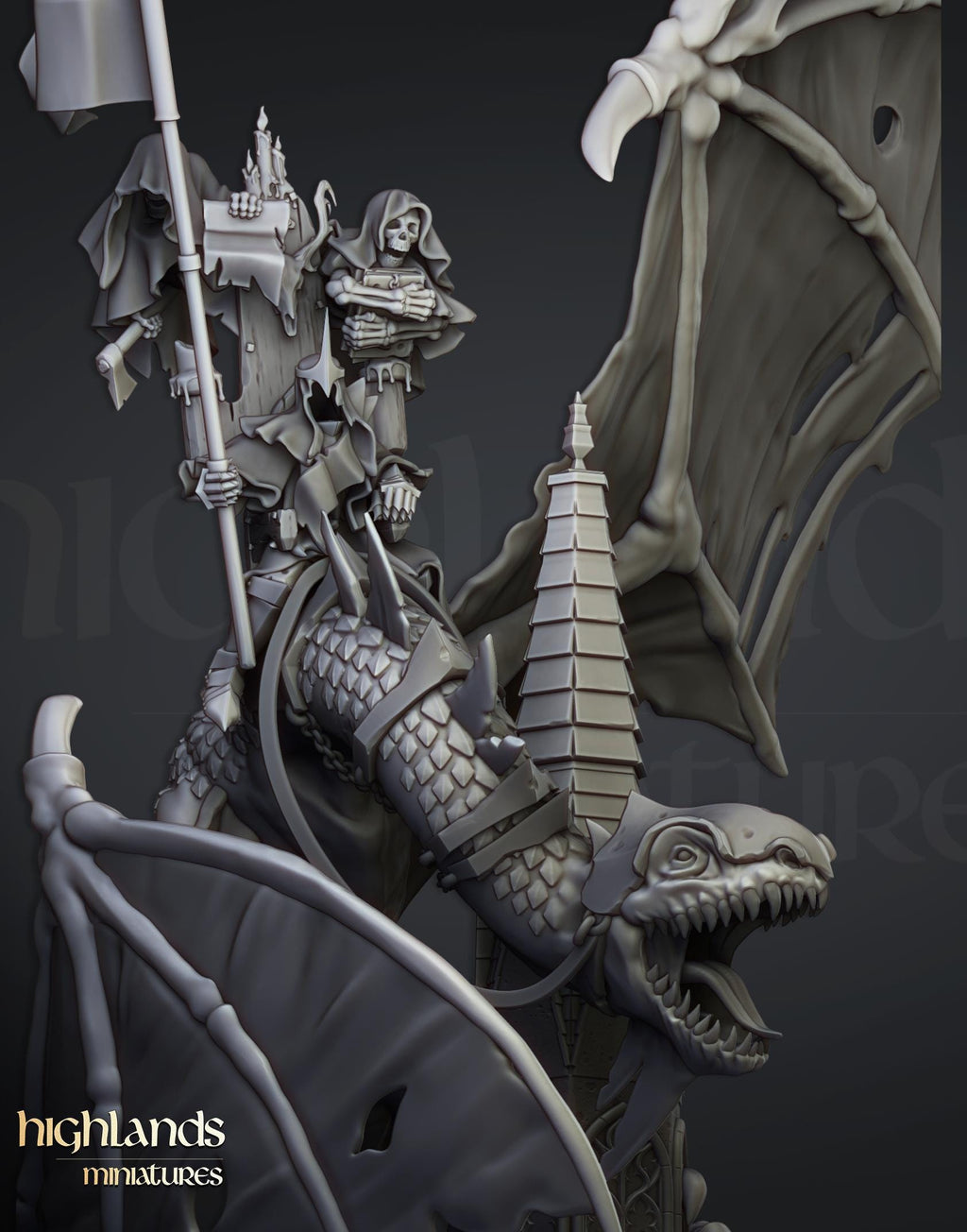 Ezekiel, Lord Necromancer on Flying Monster  - in 12k- by Highlands Miniatures