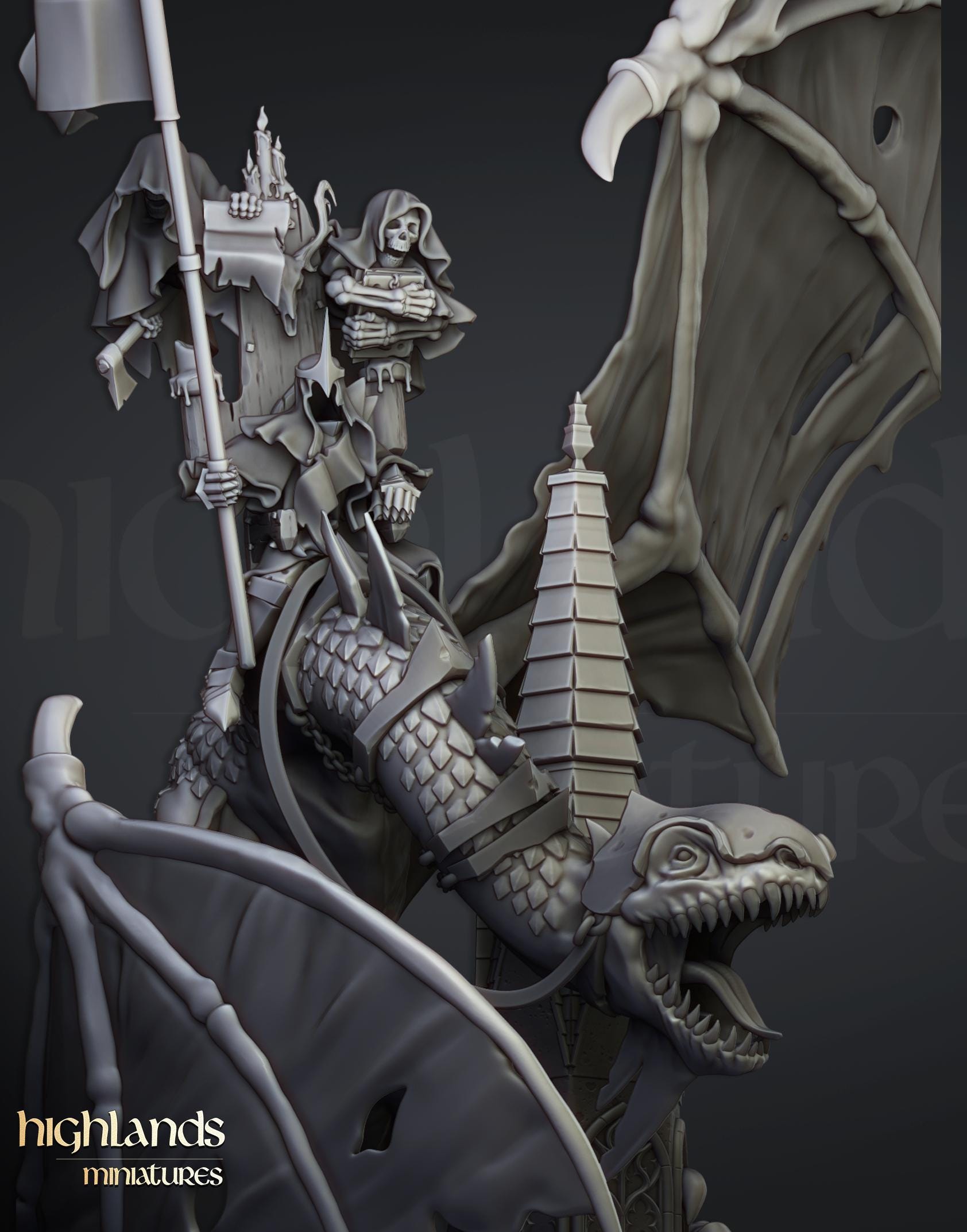 Ezekiel, Lord Necromancer on Flying Monster  - in 12k- by Highlands Miniatures