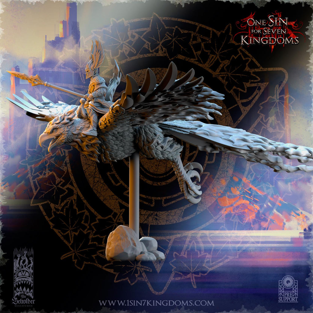 Silvermoor Elves Searing Bird Lord on Phoenix - in 12k- by The Beholder Miniatures