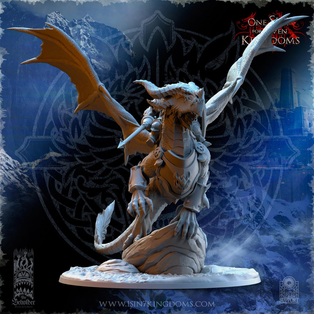 Trym Drakesong, Stormwolf Warlord on Dragon miniature - in 12K - by The Beholder Miniatures