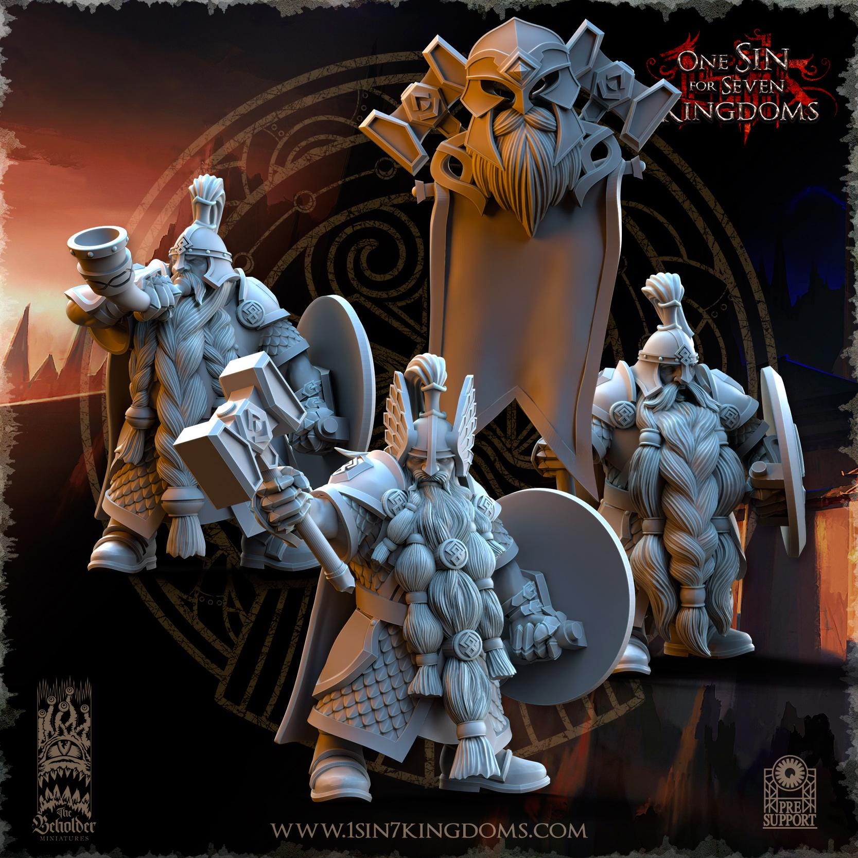 Dwarven Kingdoms Highborn Warriors Command Group - in 12k- by The Beholder Miniatures
