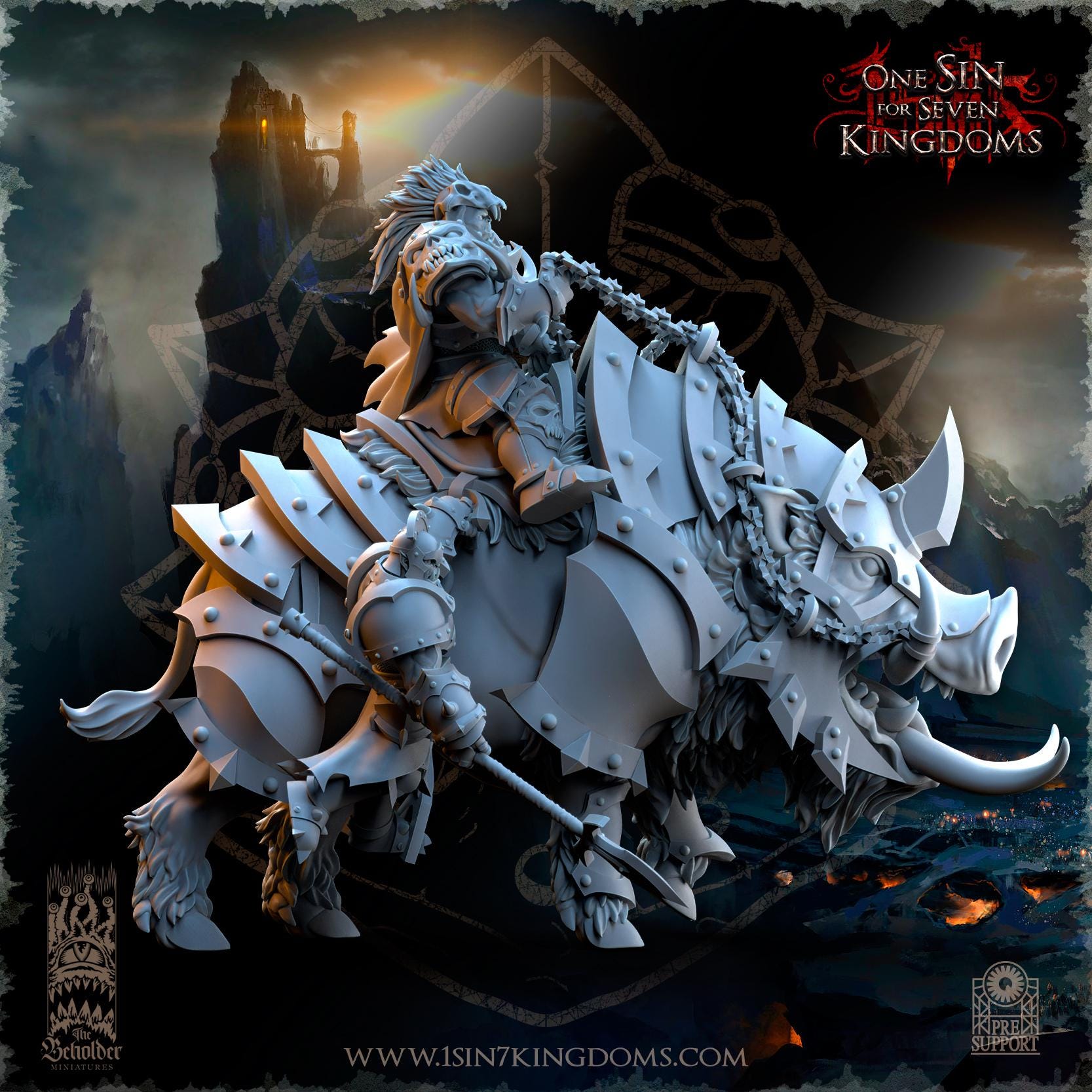 Khur Gann Nestah Warlord on Warbringer Boar  miniature - in 12K- by The Beholder Miniatures