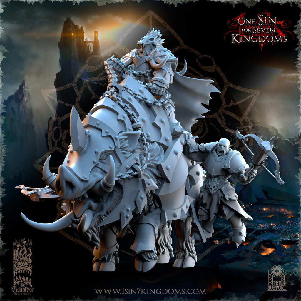 Khur Gann Nestah Warlord on Warbringer Boar  miniature - in 12K- by The Beholder Miniatures