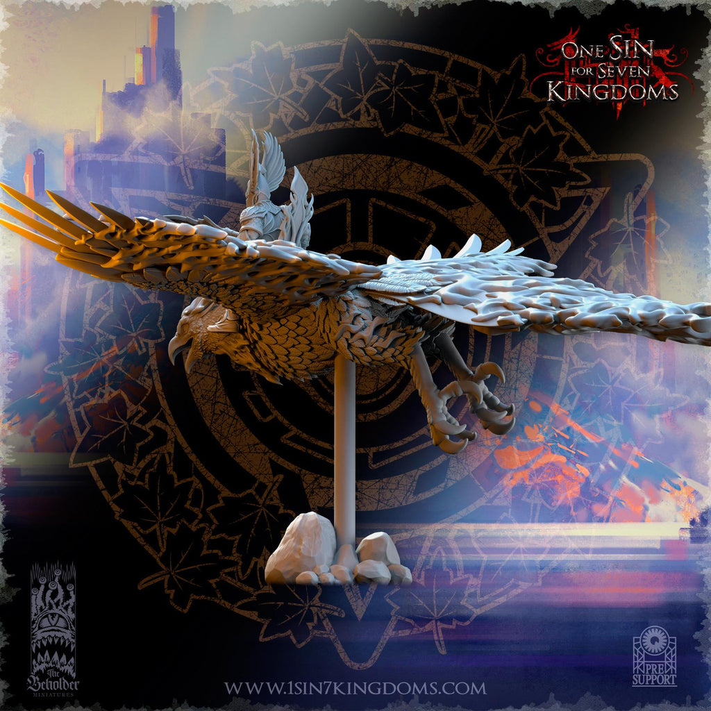 Silvermoor Elves Searing Bird Lord on Phoenix - in 12k- by The Beholder Miniatures