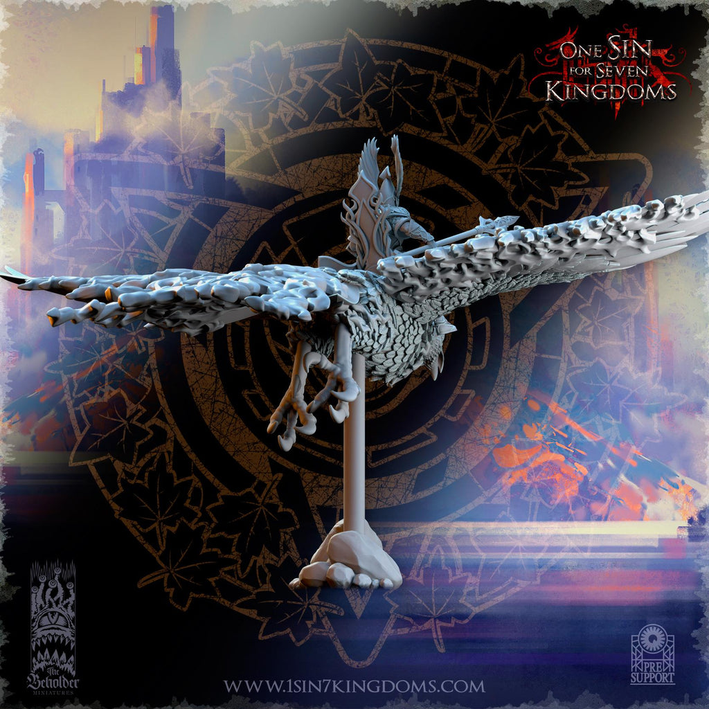 Silvermoor Elves Searing Bird Lord on Phoenix - in 12k- by The Beholder Miniatures