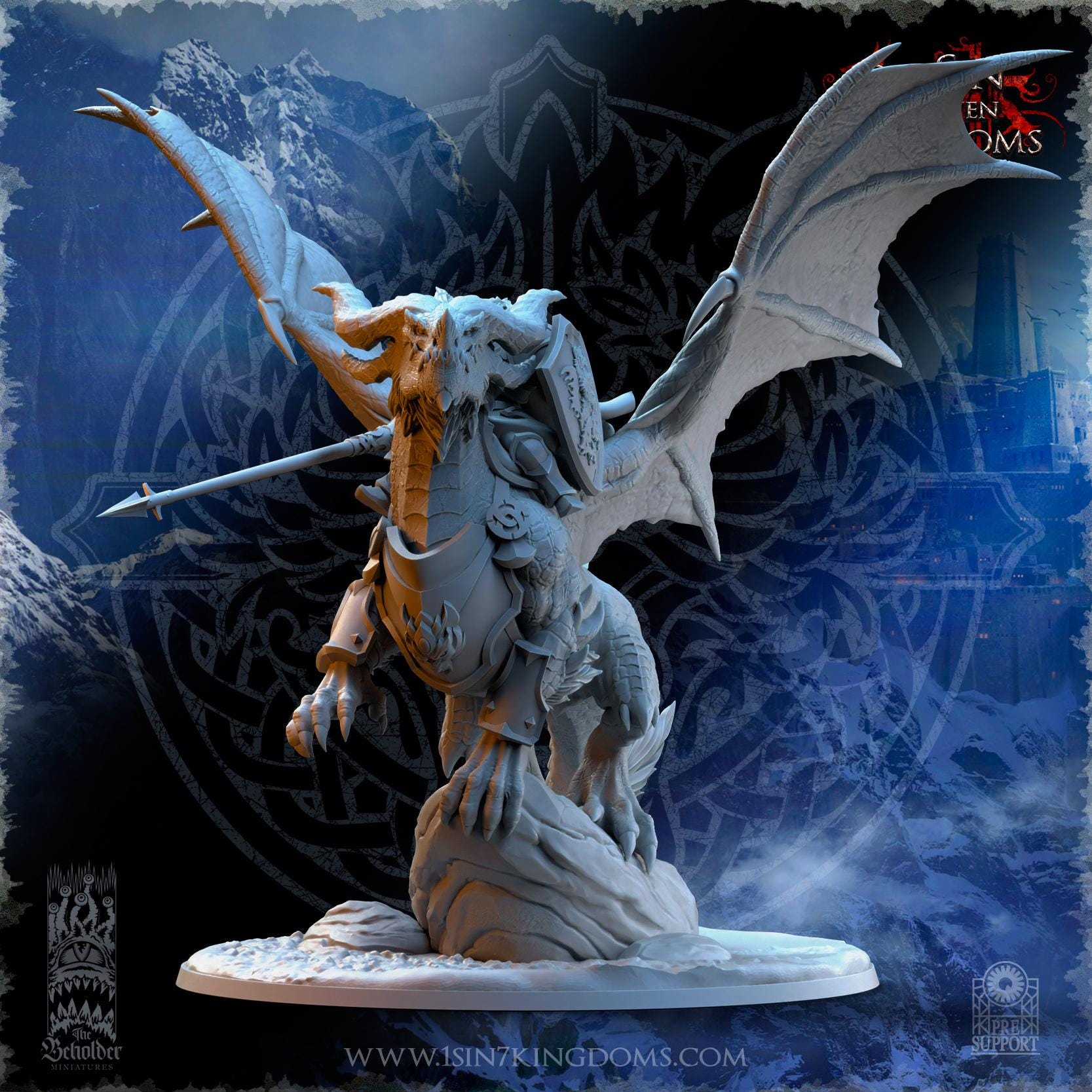 Trym Drakesong, Stormwolf Warlord on Dragon miniature - in 12K - by The Beholder Miniatures