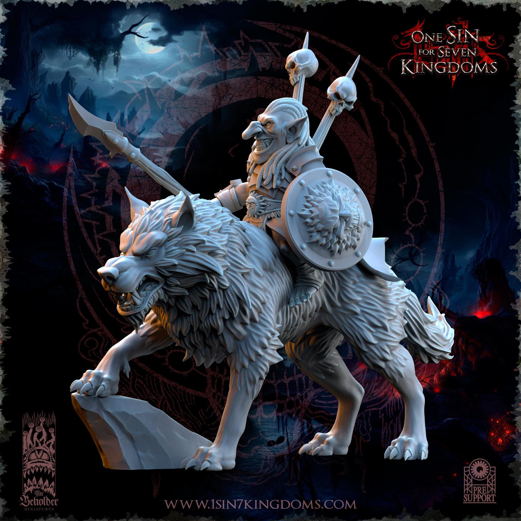 Mortus, The Black Horde Goblins Warlord on Wolf miniature - in 12K - by The Beholder Miniatures