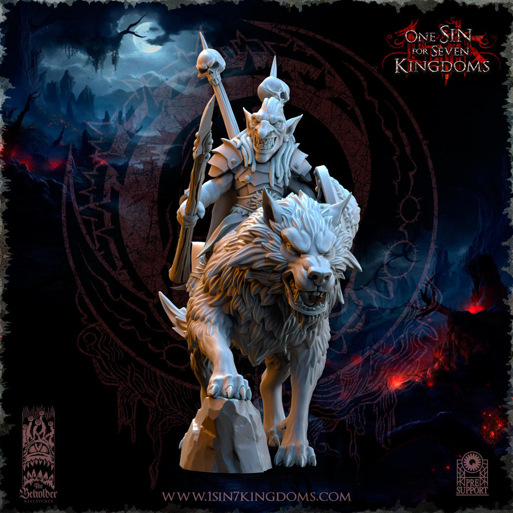 Mortus, The Black Horde Goblins Warlord on Wolf miniature - in 12K - by The Beholder Miniatures
