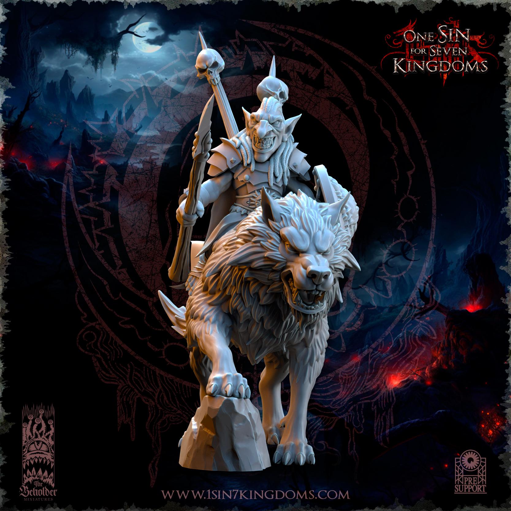 Mortus, The Black Horde Goblins Warlord on Wolf miniature - in 12K - by The Beholder Miniatures