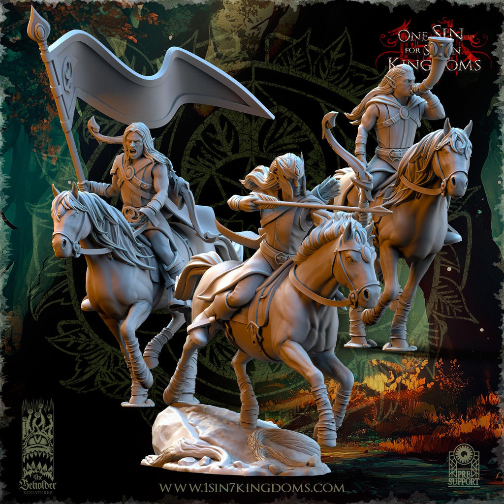 Evergreen Elves Meadow Riders Command Group - in 12k - by The Beholder Miniatures