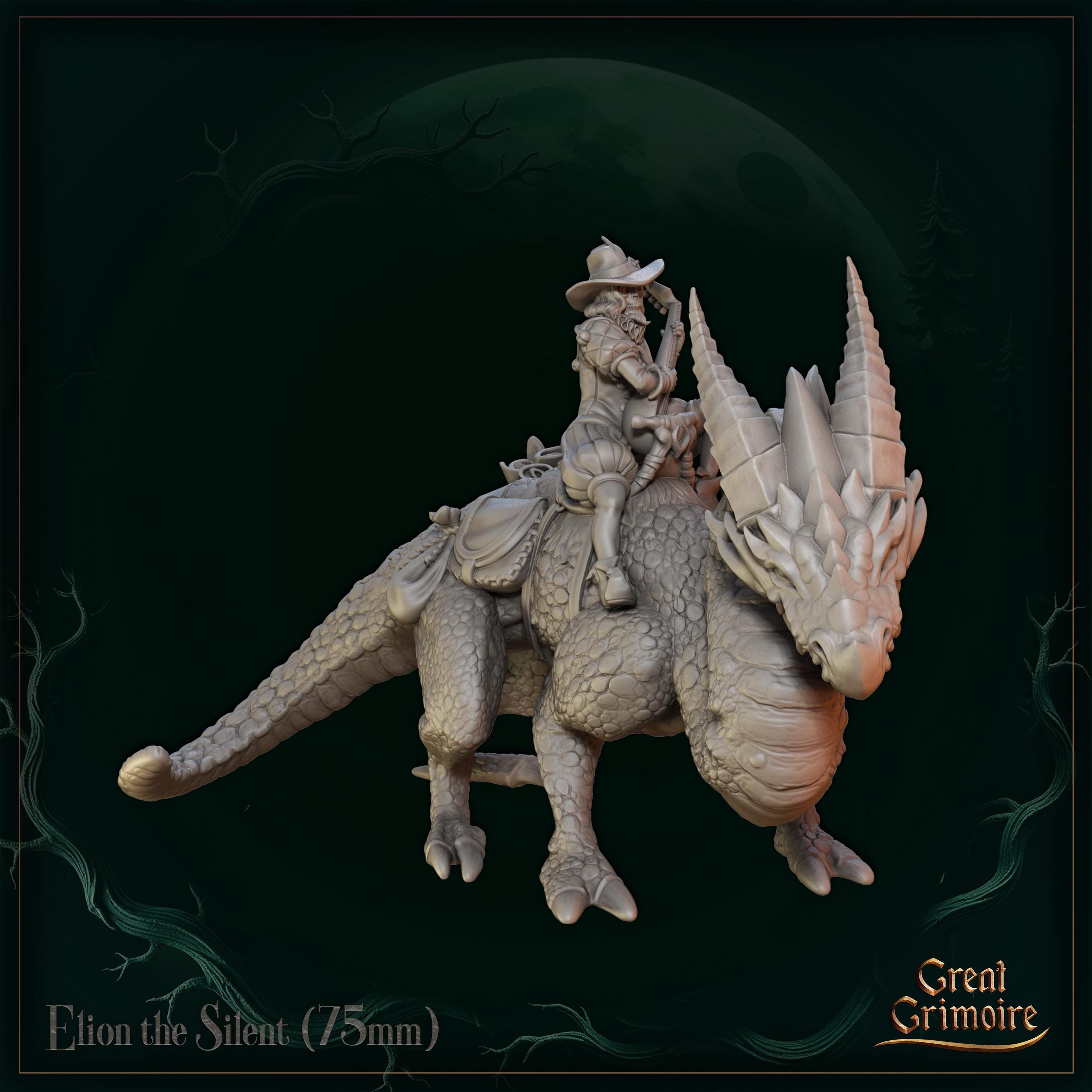 Elion the Silent on dragon - in 12k - by Great Grimoire